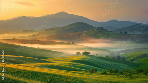 A picturesque scene of rolling hills with fog and golden sunlight at sunrise in a rural landscape.