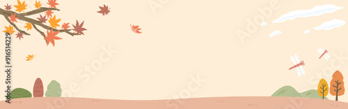 Autumn landscape, background frame of maple leaves falling in the wind, banner size, cute hand drawn illustration / 秋の風景、風に吹かれて落ちるモミジの葉の背景フレーム、バナーサイズ、かわいい手描きイラスト
