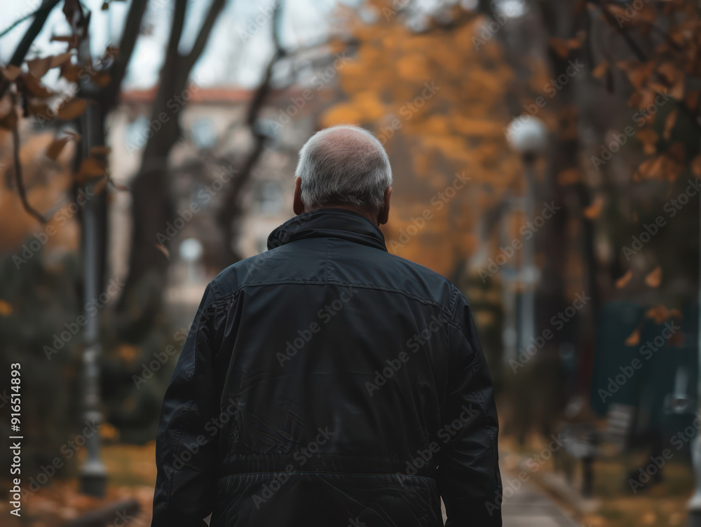 The photo shows a man walking away from the camera through a park, wearing a black jacket, with a blurred background of autumn foliage. The photo shows a man walking away from the camera through a park, wearing a black jacket, with a blurred background of autumn foliage.