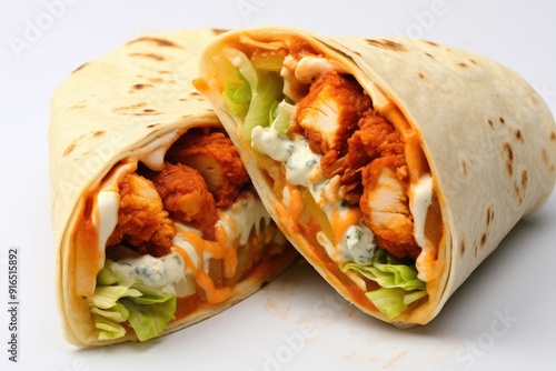 182_59. Brisk Buffalo Chicken Wrap , white background , Photo --ar 3:2 --v 5.2 Job ID: 61a47408-c015-4c09-897e-57fd1fde8126
