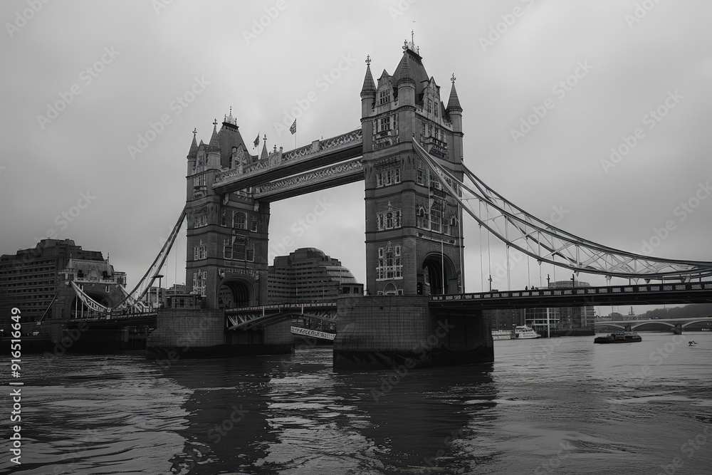 Obraz premium A black and white view of Tower Bridge, presenting a dramatic and artistic perspective of the famous London landmark