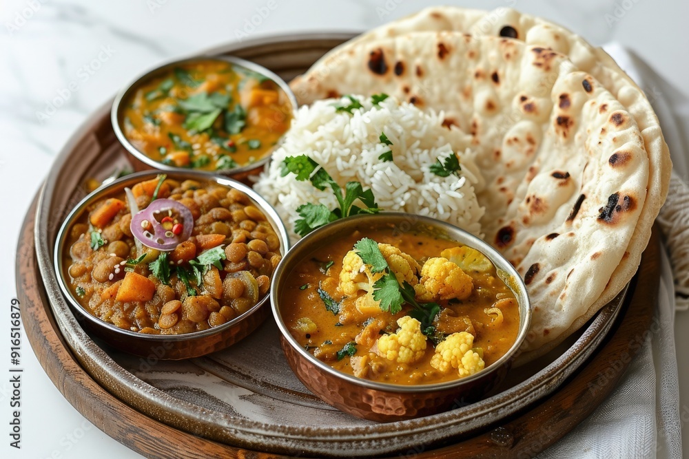 A vegetarian Indian thali presented on a white background, showcasing a variety of traditional home-cooked dishes A vegetarian Indian thali presented on a white background, showcasing a variety of traditional home-cooked dishes