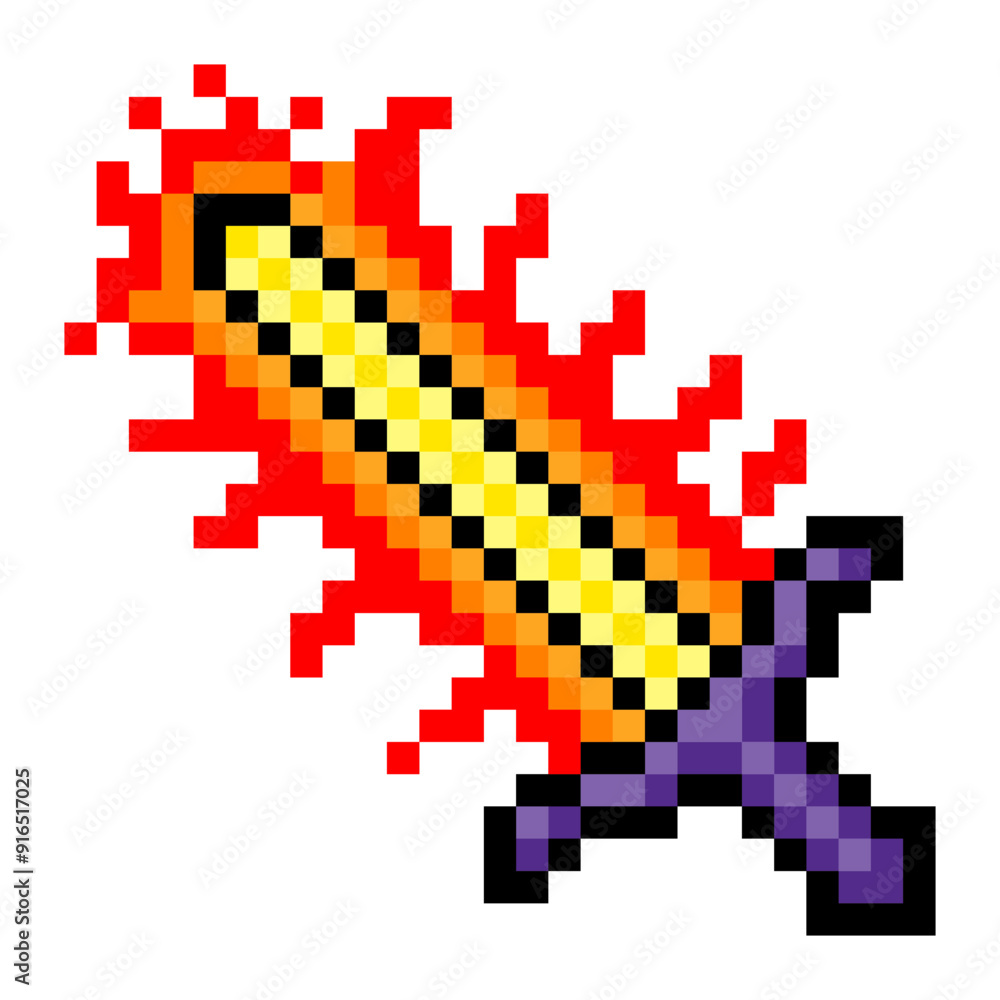 Obraz premium Flaming fire sword in pixel art style