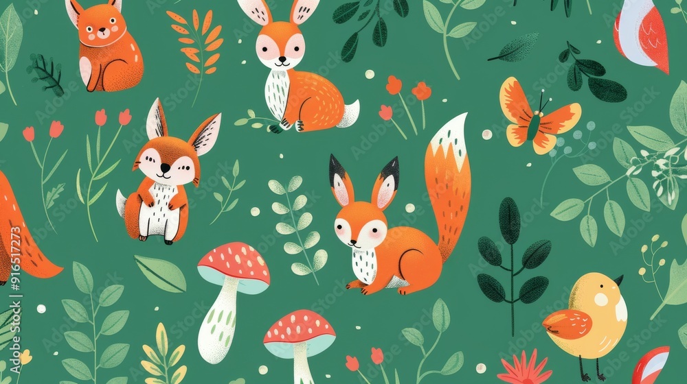 Green Background with Cheerful Nature Patterns Green Background with Cheerful Nature Patterns