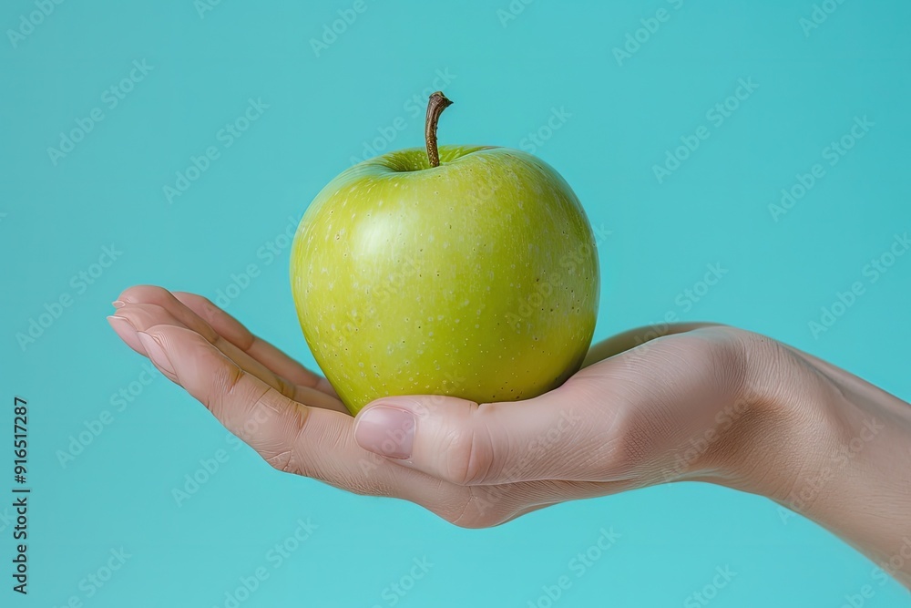 A woman's hand grasping a green apple, with a blue background providing a striking contrast to the fruit's natural hue A woman's hand grasping a green apple, with a blue background providing a striking contrast to the fruit's natural hue