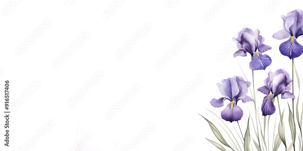 Delicate watercolor irises on a white background, an empty space for text on the left. A banner template for a flower shop, postcards. Delicate watercolor irises on a white background, an empty space for text on the left. A banner template for a flower shop, postcards.