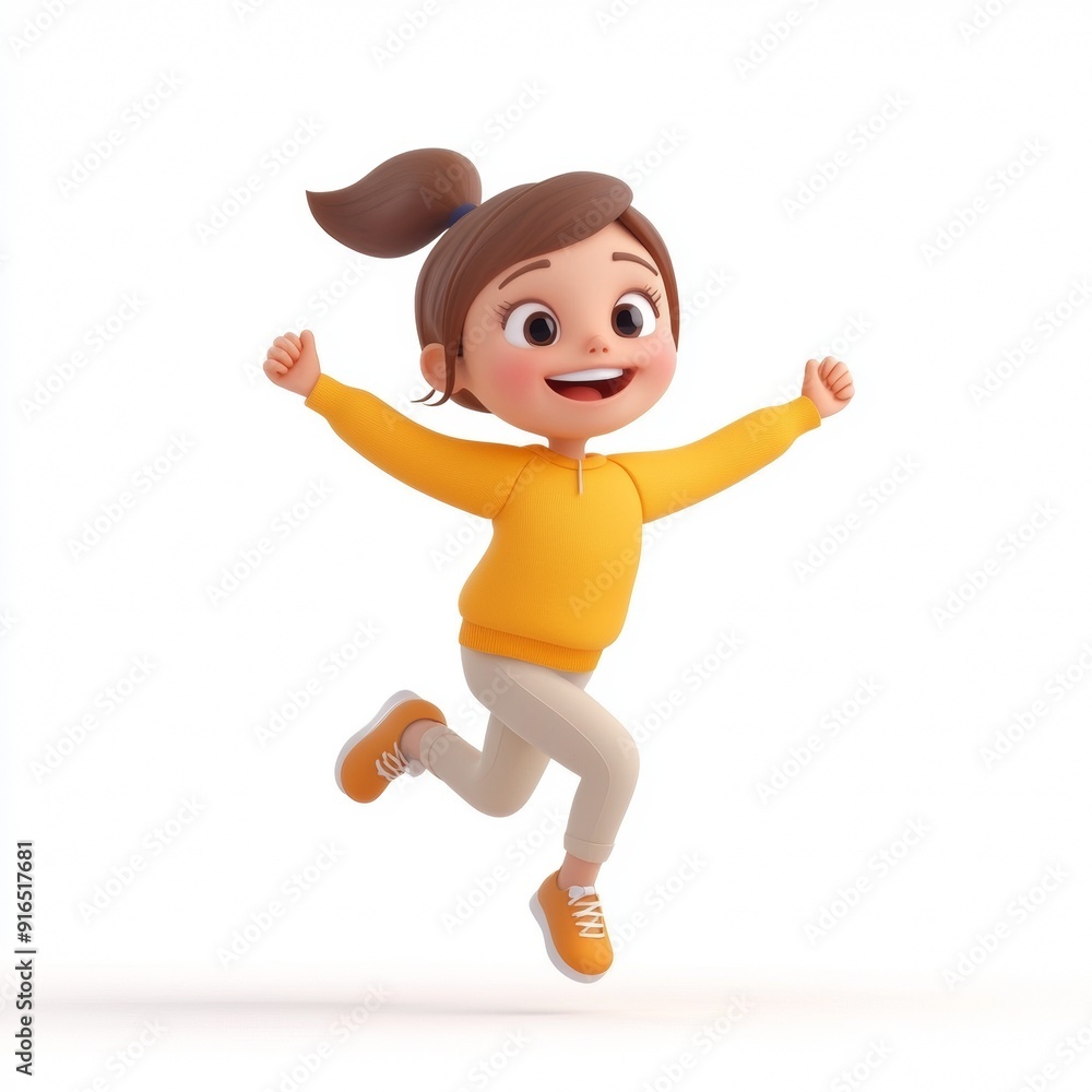Joyful 3D Cartoon Girl Jumping and Playing on White Background Joyful 3D Cartoon Girl Jumping and Playing on White Background