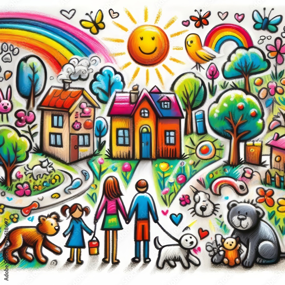 Colorful cartoon scene with a happy family, animals, and nature, featuring houses, trees, and a bright sun in a cheerful landscape. Colorful cartoon scene with a happy family, animals, and nature, featuring houses, trees, and a bright sun in a cheerful landscape.