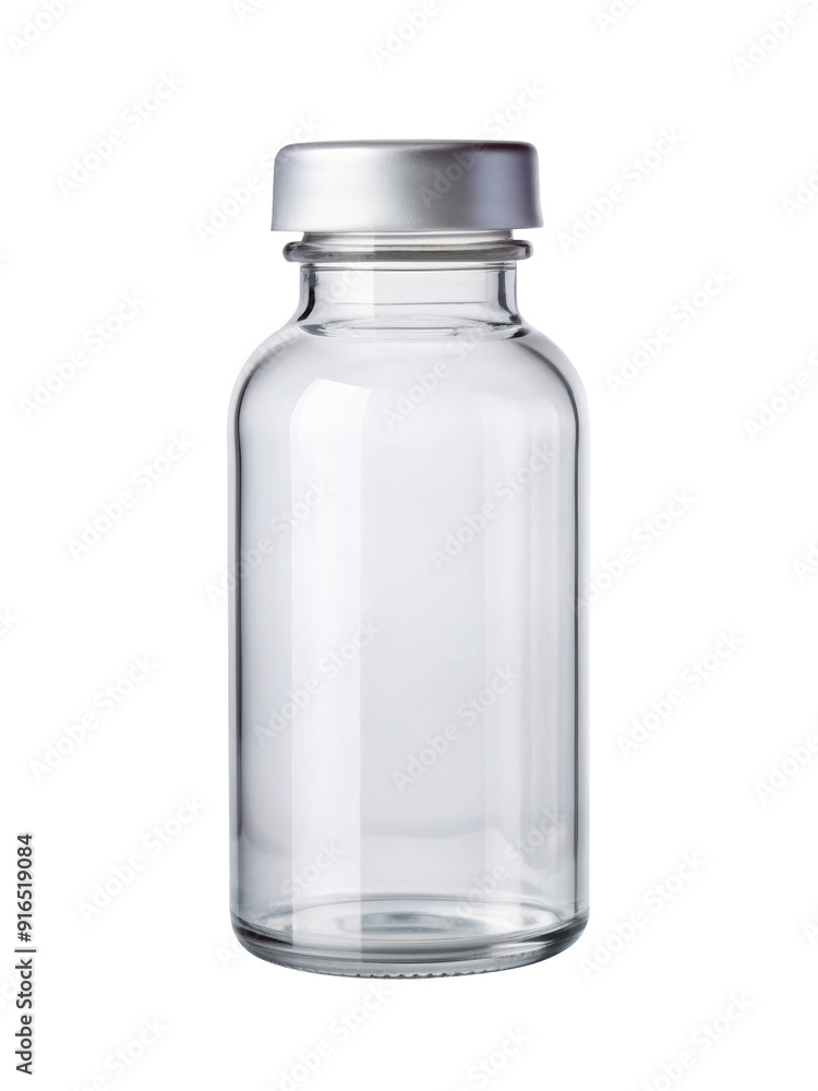 Clear glass bottle with a metal cap, suitable for pharmaceutical use or storing essential oils and laboratory chemicals. Isolated on transparent background, png. Clear glass bottle with a metal cap, suitable for pharmaceutical use or storing essential oils and laboratory chemicals. Isolated on transparent background, png.