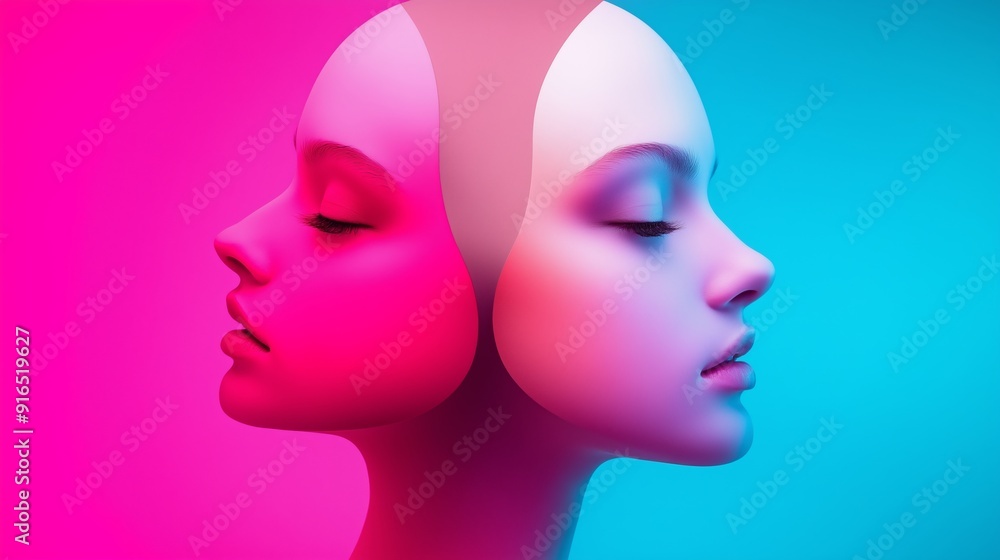 Two women's faces are shown side by side, one with pink and the other with blue. The pink face is smiling, while the blue face is looking away. Concept of duality and contrast Two women's faces are shown side by side, one with pink and the other with blue. The pink face is smiling, while the blue face is looking away. Concept of duality and contrast