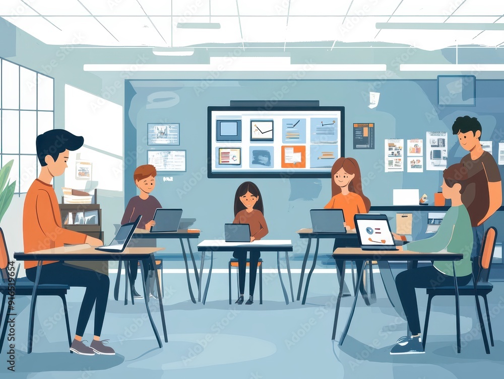 Modern classroom with students using tablets for collaborative learning, back to school, technology in education Modern classroom with students using tablets for collaborative learning, back to school, technology in education