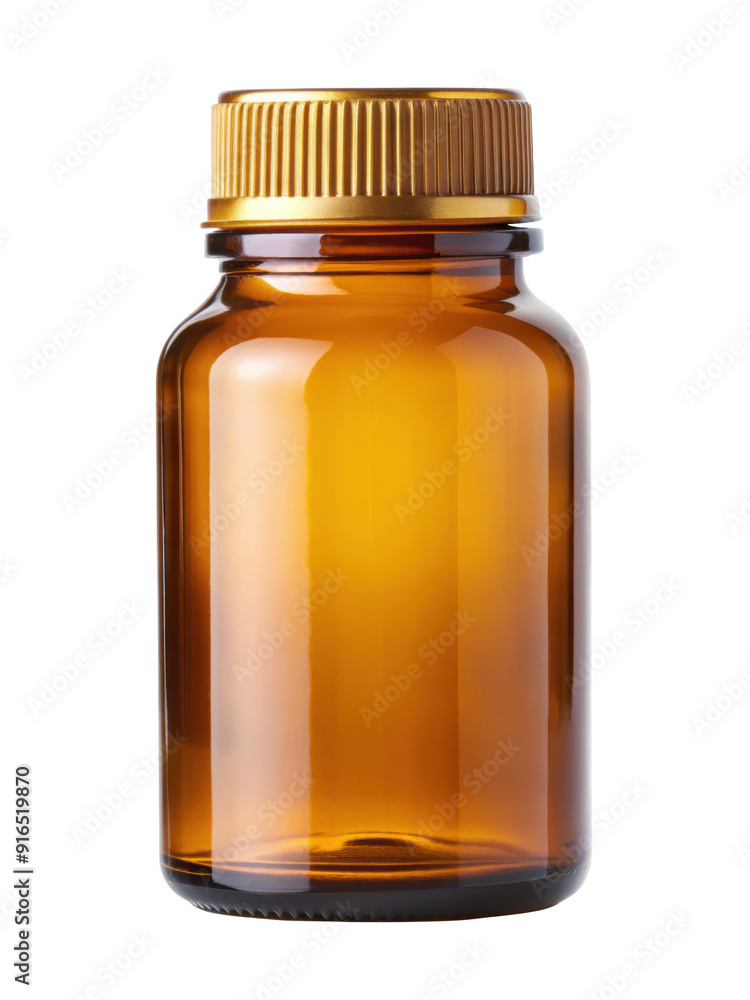 Amber glass bottle with a gold cap, designed to protect light-sensitive products, suitable for essential oils or pharmaceuticals. Isolated on transparent background, png. Amber glass bottle with a gold cap, designed to protect light-sensitive products, suitable for essential oils or pharmaceuticals. Isolated on transparent background, png.