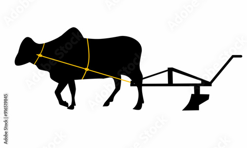 silhouette illustration of a farmer plowing a field with a cow, farmer icon on a white background