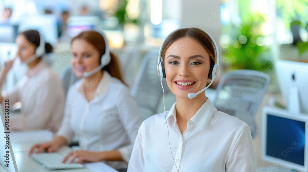 Smiling Woman with Headset in a Modern Office Call Center Smiling Woman with Headset in a Modern Office Call Center