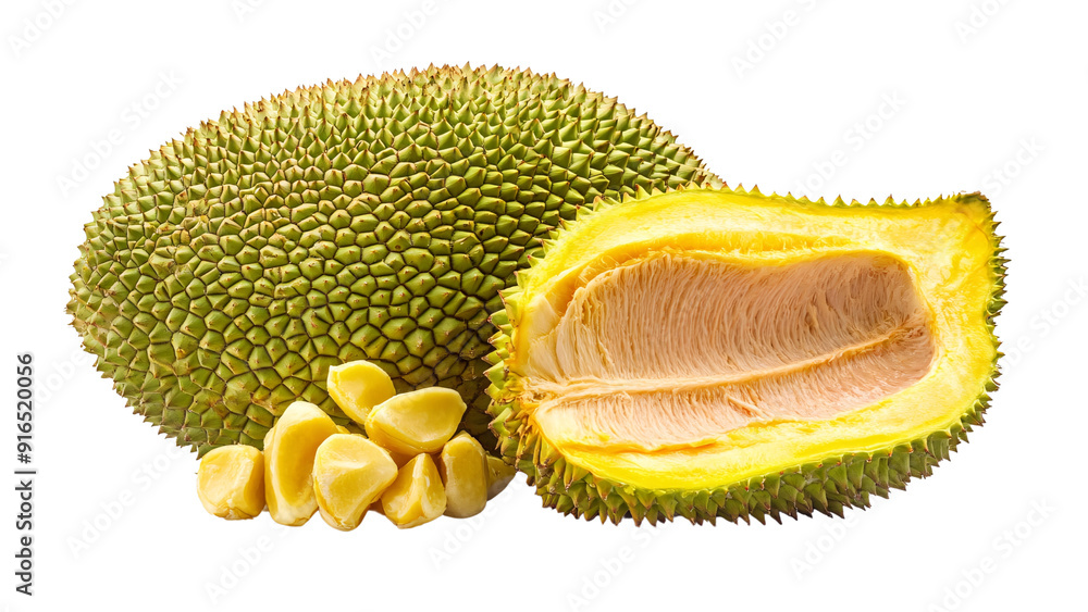 A whole jackfruit with its spiky green exterior and one section sliced ...