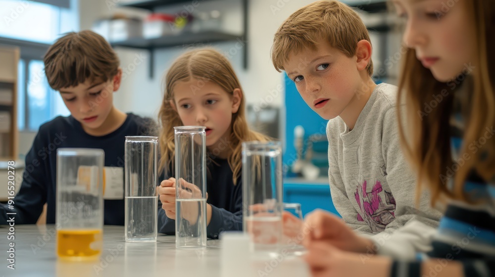 Kids conducting a water filtration experiment in a science lab, learning about environmental science, educational activities, handson science Kids conducting a water filtration experiment in a science lab, learning about environmental science, educational activities, handson science