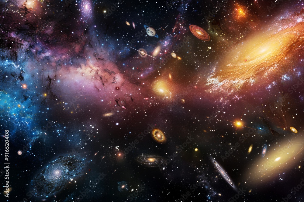 An extraordinary cosmic view with spiraling galaxies and shimmering stars, showcasing the stunning beauty of the universe. Planets are visible, each with unique colors and atmospheres. An extraordinary cosmic view with spiraling galaxies and shimmering stars, showcasing the stunning beauty of the universe. Planets are visible, each with unique colors and atmospheres.