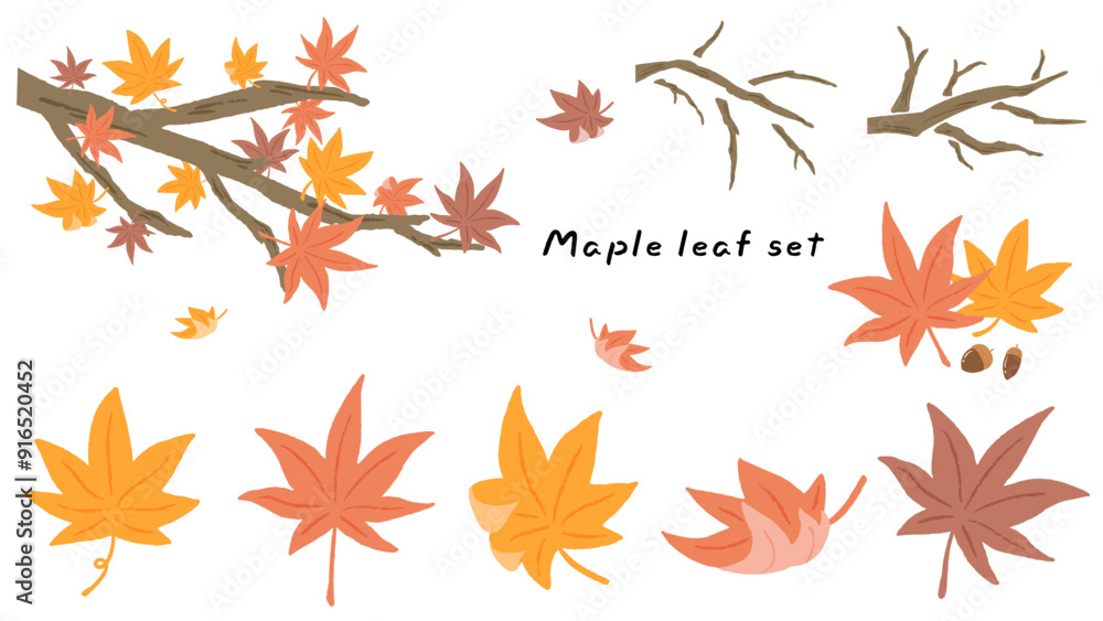 Cute hand drawn illustration set of maples and maple leaves, maple trees and leaves falling in the wind / モミジとカエデの葉、モミジの木、風に吹かれて落ちる葉のかわいい手描きイラストセット Cute hand drawn illustration set of maples and maple leaves, maple trees and leaves falling in the wind / モミジとカエデの葉、モミジの木、風に吹かれて落ちる葉のかわいい手描きイラストセット
