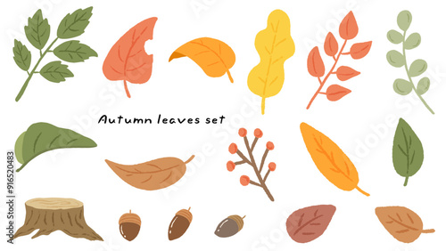 Cute hand drawn illustration set of autumn leaves, acorns and stumps / 秋色の葉っぱ、どんぐり、切り株のかわいい手描きイラストセット