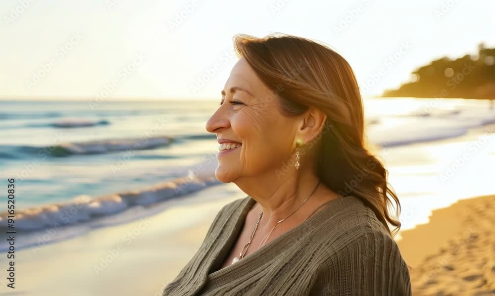 Environmental portrait video of a pleased woman in her 50s wearing a chic cardigan against a beach background Environmental portrait video of a pleased woman in her 50s wearing a chic cardigan against a beach background