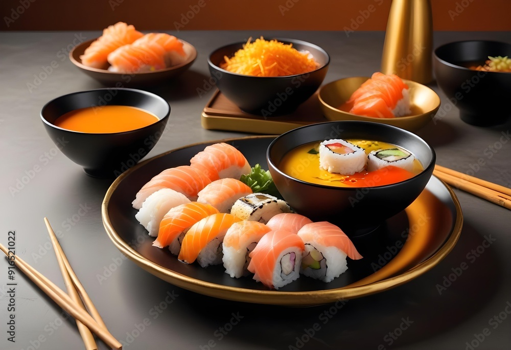 Sushi rolls are on a tray with other sushi Sushi rolls are on a tray with other sushi