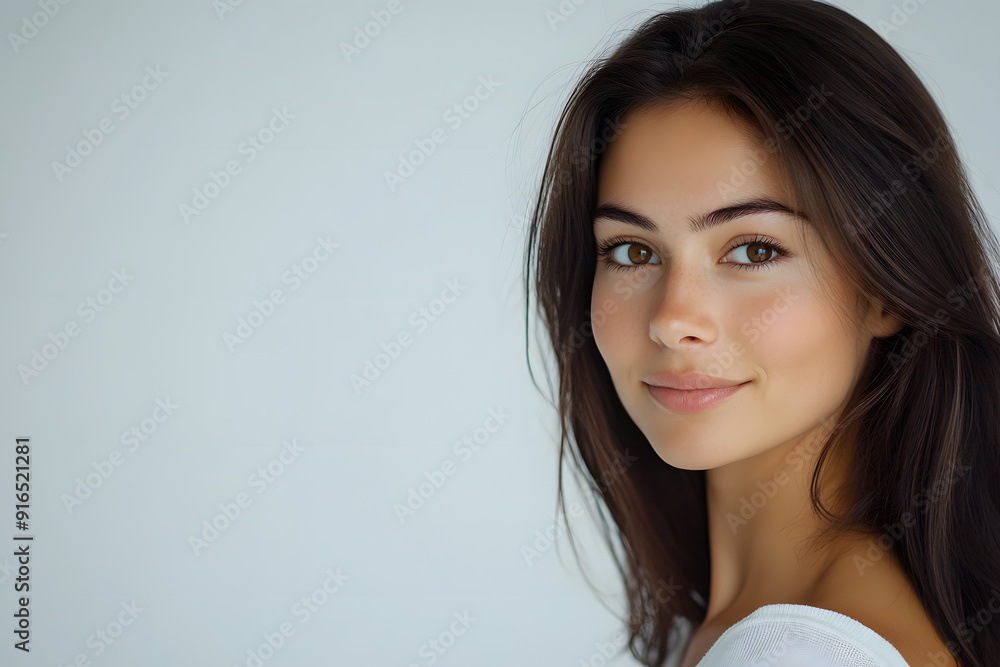 Beautiful young woman with clean fresh skin on white background. Face care, Facial treatment concept