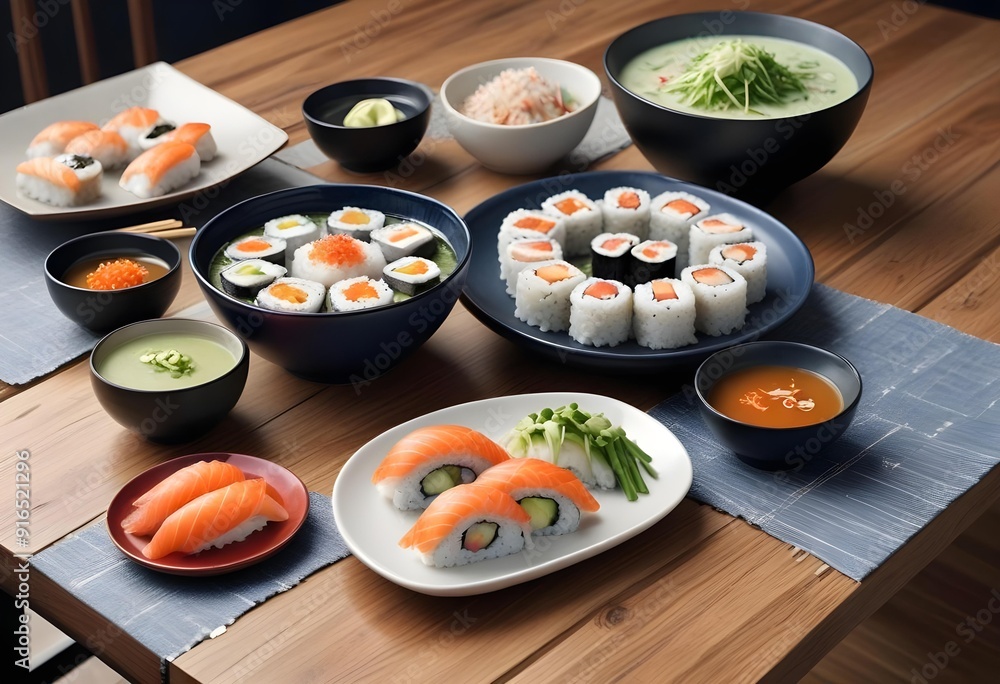 Sushi rolls are on a tray with other sushi Sushi rolls are on a tray with other sushi