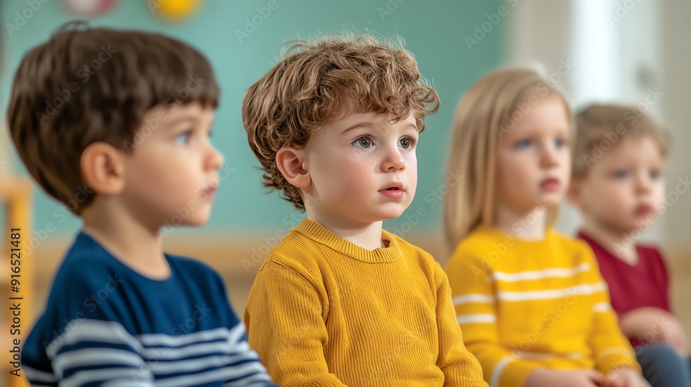 A group of young children seated together, focused and attentive, showcasing innocence and curiosity in a bright classroom setting. A group of young children seated together, focused and attentive, showcasing innocence and curiosity in a bright classroom setting.