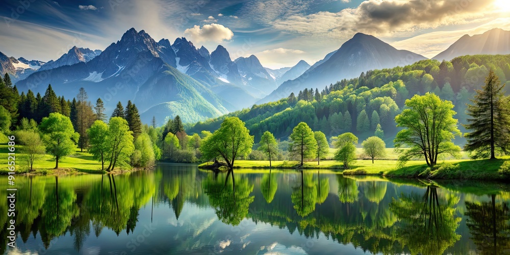Fototapeta premium Beautiful serene landscape with lush green trees and majestic mountain ranges , nature, scenery, peaceful