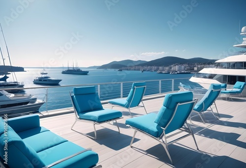 A table with chairs and a table with a view of mountains and the sun