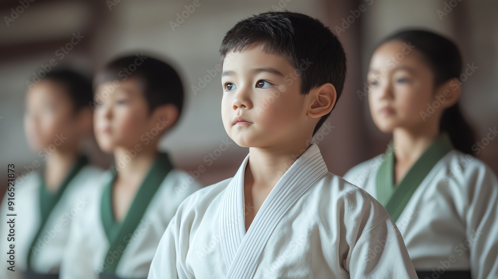 Focused child in martial arts attire practicing concentration and discipline in a traditional dojo setting. Focused child in martial arts attire practicing concentration and discipline in a traditional dojo setting.