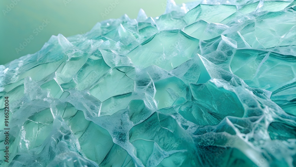 Obraz premium Closeup of an ice surface with intricate patterns and textures. Light green background backdrop. Frost-inspired wallpaper featuring blue and turquoise.