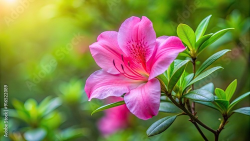 Single pink azalea flower with soft petals and green leaves, pink, azalea, flower, bloom, soft, petals, green, leaves