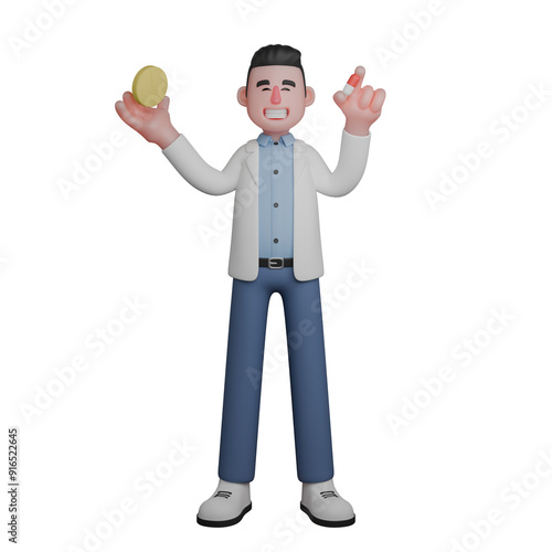 Medical Doctor Professional in 3D. Male Character Holding Medication. Male