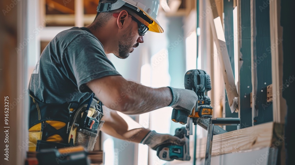 A construction worker using a staple gun to secure materials quickly and efficiently. A construction worker using a staple gun to secure materials quickly and efficiently.
