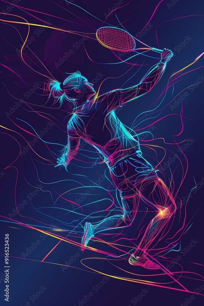 A continuous line drawing of a badminton player is brought to life with neon highlights that trace their motion, adding a vibrant, futuristic feel to the vector illustration. A continuous line drawing of a badminton player is brought to life with neon highlights that trace their motion, adding a vibrant, futuristic feel to the vector illustration.