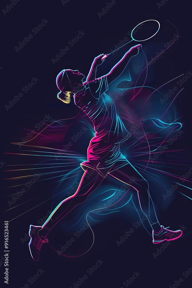 A continuous single line forms the silhouette of a badminton player, with neon glow elements that highlight their motion and bring a modern, energetic feel to the vector illustration. A continuous single line forms the silhouette of a badminton player, with neon glow elements that highlight their motion and bring a modern, energetic feel to the vector illustration.