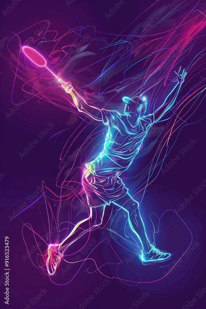 A continuous single-line drawing captures the dynamic motion of a badminton player, their form illuminated by a vibrant neon glow that adds a modern twist to the vector illustration. A continuous single-line drawing captures the dynamic motion of a badminton player, their form illuminated by a vibrant neon glow that adds a modern twist to the vector illustration.