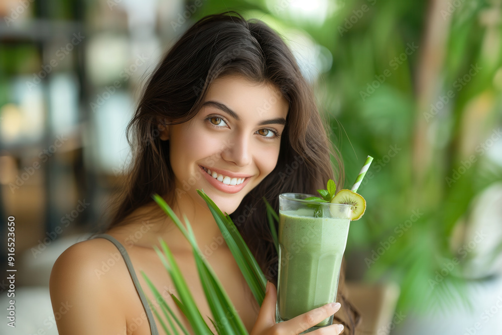Stunning smiling model holding a glass of avocado smoothie Stunning smiling model holding a glass of avocado smoothie