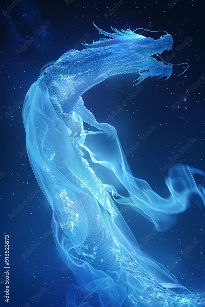 A crystal dragon, with a body that glows like moonstone, glides silently through a starry night sky. A crystal dragon, with a body that glows like moonstone, glides silently through a starry night sky.