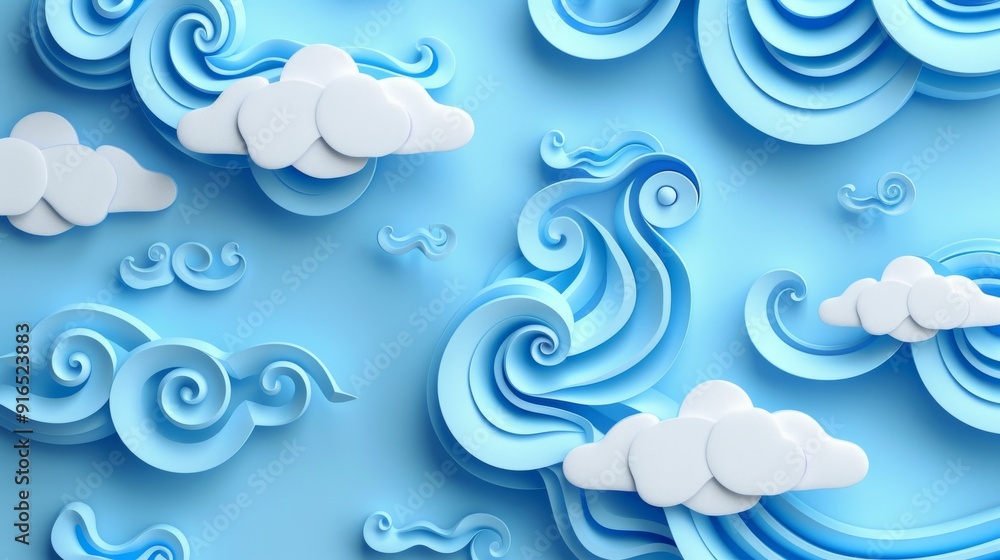 A blue background with whimsical wave and cloud illustration A blue background with whimsical wave and cloud illustration