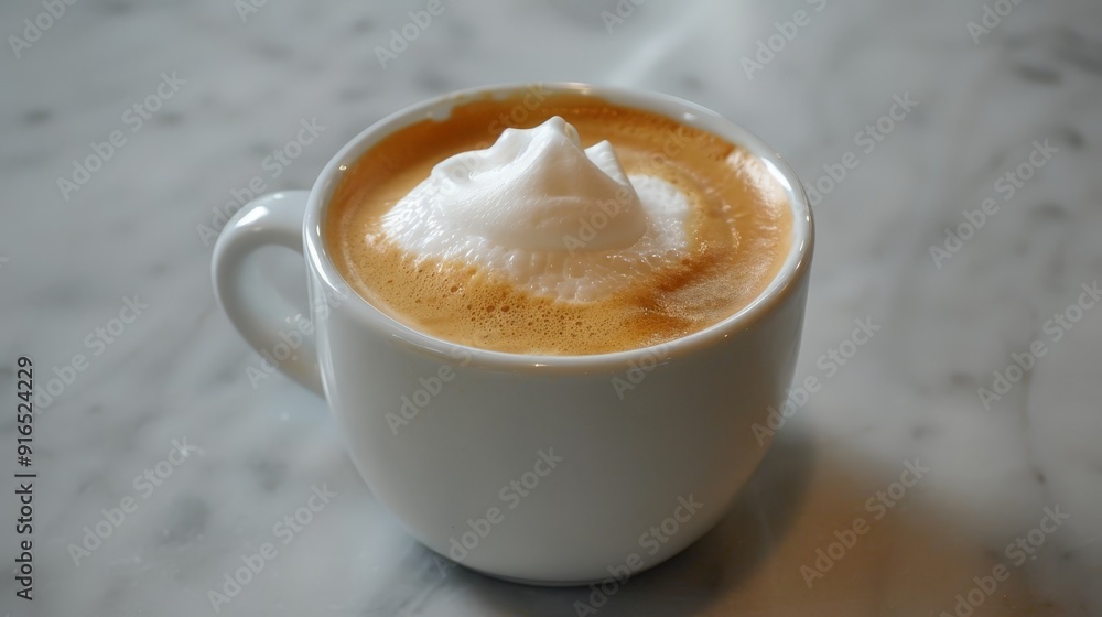 A cup of macchiato with a dollop of foamed milk on top, in a white cup. A cup of macchiato with a dollop of foamed milk on top, in a white cup.