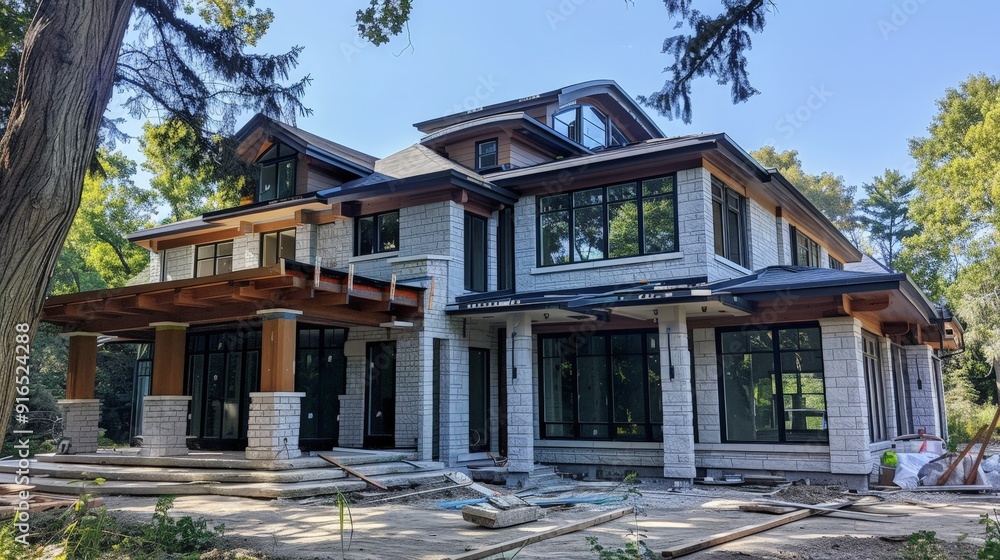 A custom-built home in progress, reflecting the unique style and preferences of the homeowners through bespoke architectural details. A custom-built home in progress, reflecting the unique style and preferences of the homeowners through bespoke architectural details.