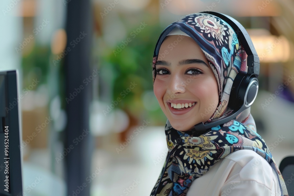 A hijab wearing business young Muslim with a headset smiling during a video call A hijab wearing business young Muslim with a headset smiling during a video call