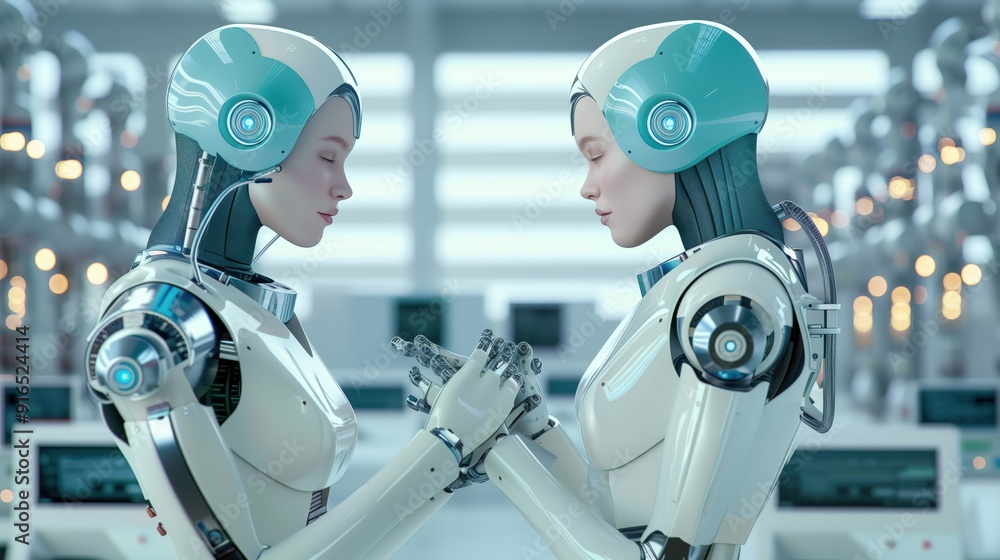 Two humanoid robots making a connection in a high-tech laboratory Two humanoid robots making a connection in a high-tech laboratory