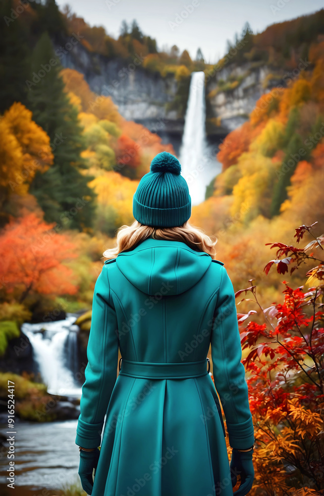 Woman fashion model in teal coat and beanie standing in autumn forest with waterfall, adventure and lifestyle concept, seasonal nature background