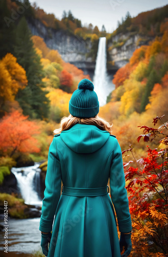 Obraz na płótnie Woman fashion model in teal coat and beanie standing in autumn forest with waterfall, adventure and lifestyle concept, seasonal nature background w salonie