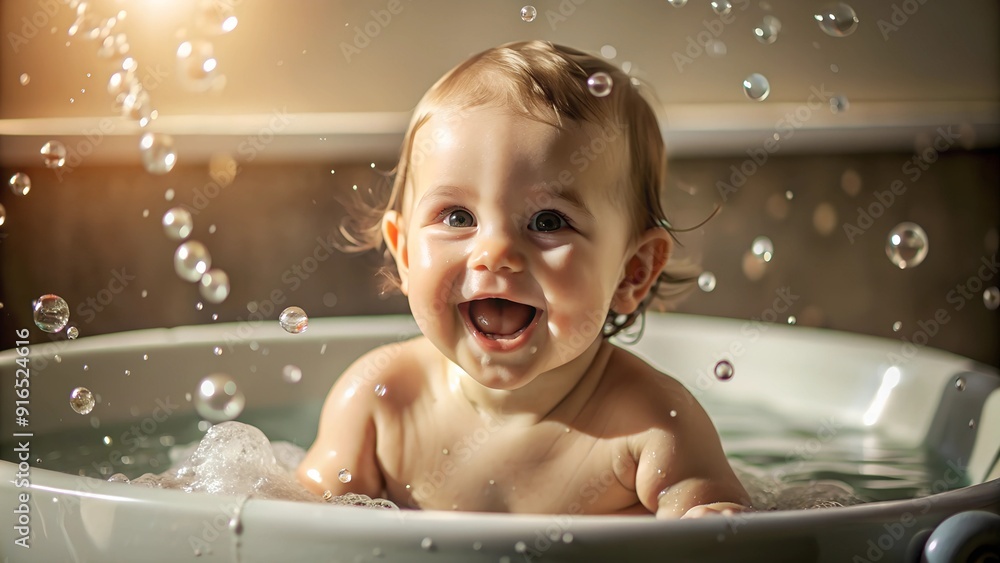 Joyful Baby Playing with Bubbles in Bath Joyful Baby Playing with Bubbles in Bath