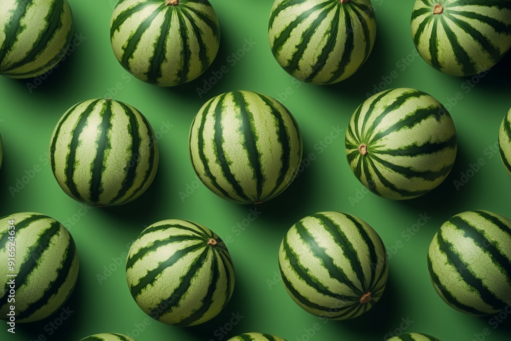 Display of different whole fresh watermelons on a green background with shadows. Summer season fruit. Display of different whole fresh watermelons on a green background with shadows. Summer season fruit.