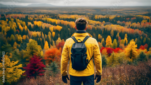 Obraz na płótnie Man in yellow coat and backpack standing on top of hill with autumn coloured forest in background, adventure and lifestyle concept, freedom w salonie